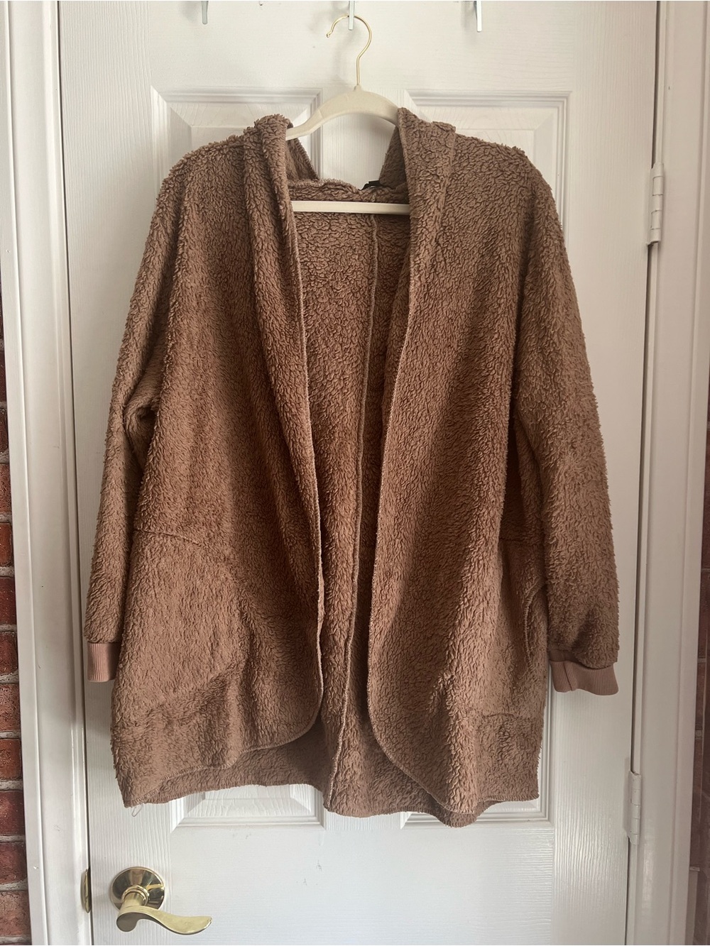 Women's Plush Teddy Coat with Hood - Brown